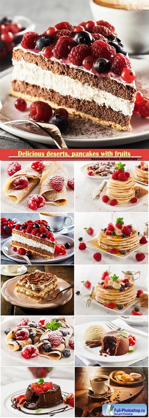 Delicious pancakes with fruits, piece of tiramisu cake