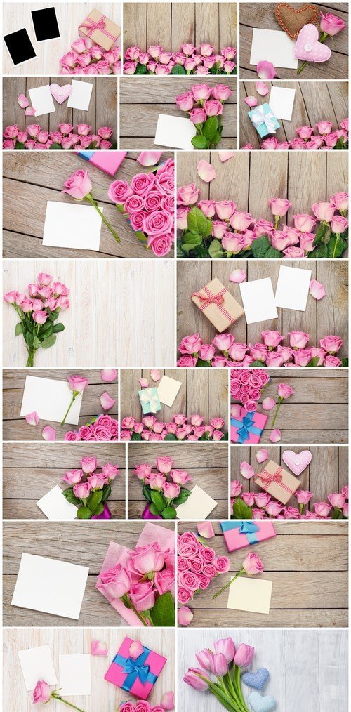 Pink roses over wooden table with valentines day gift box 20X JPEG