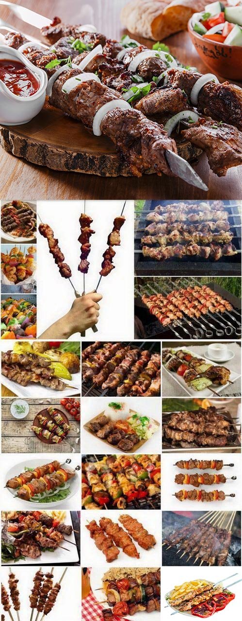 Shish Kebab on Skewers and Grilled Meat with Vegetables 25xJPG