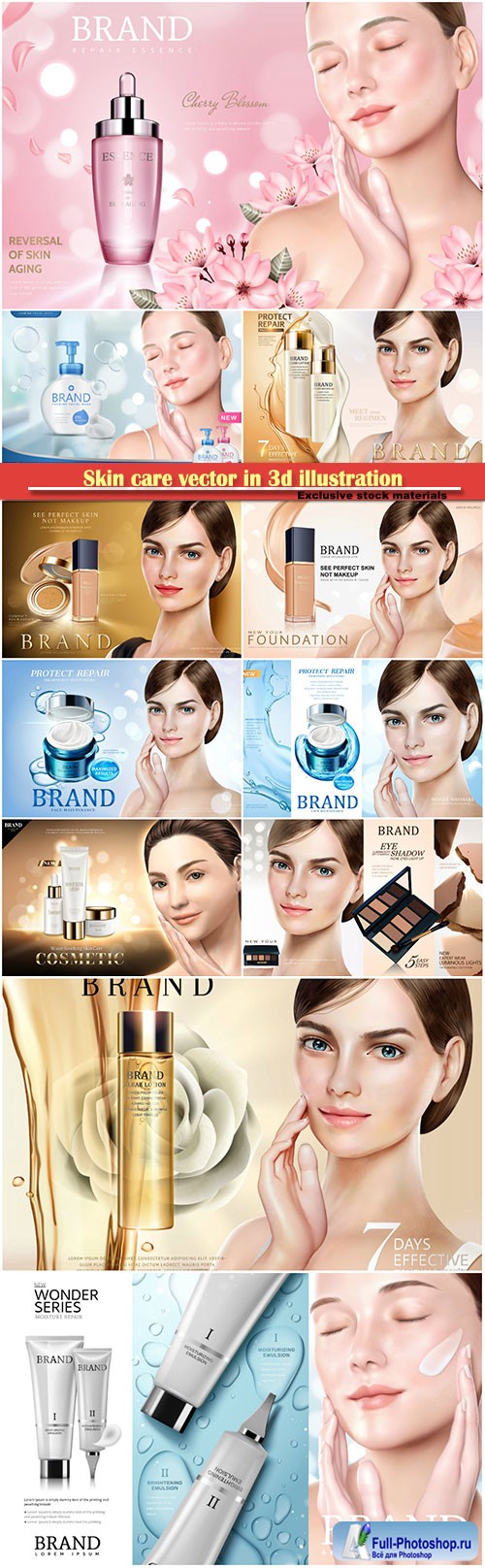 Cosmetic skincare vector, moisture soothing products with a beautiful model in 3d illustration