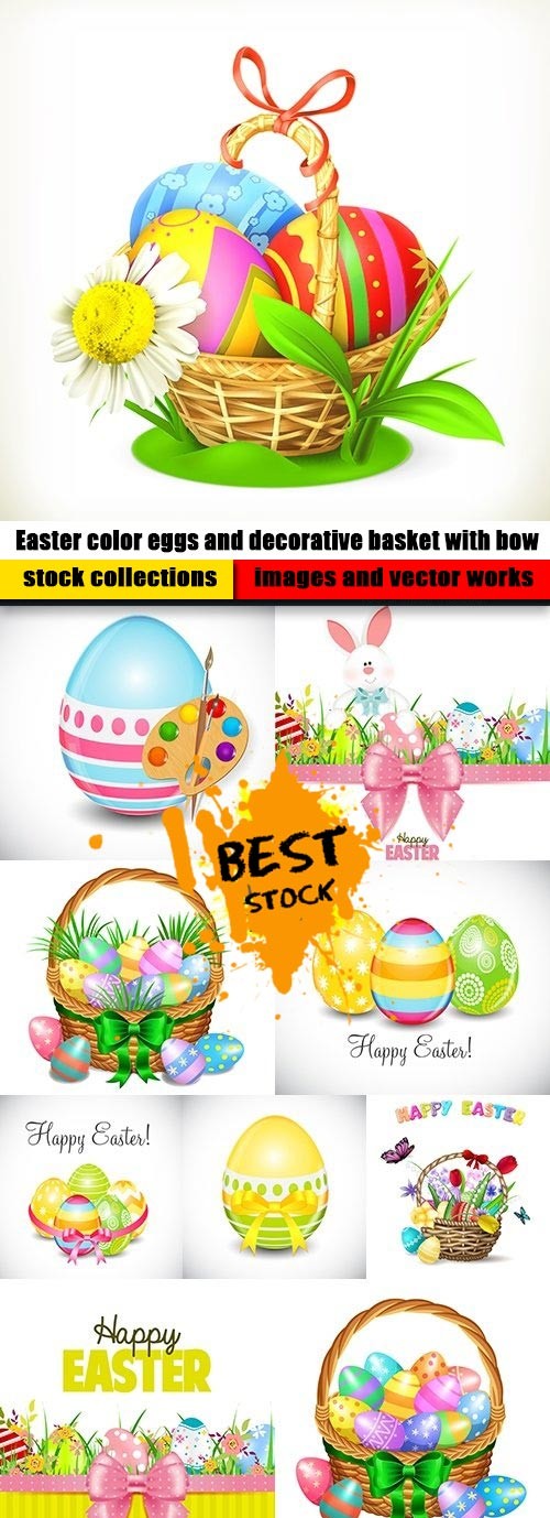 Easter color eggs and decorative basket with bow