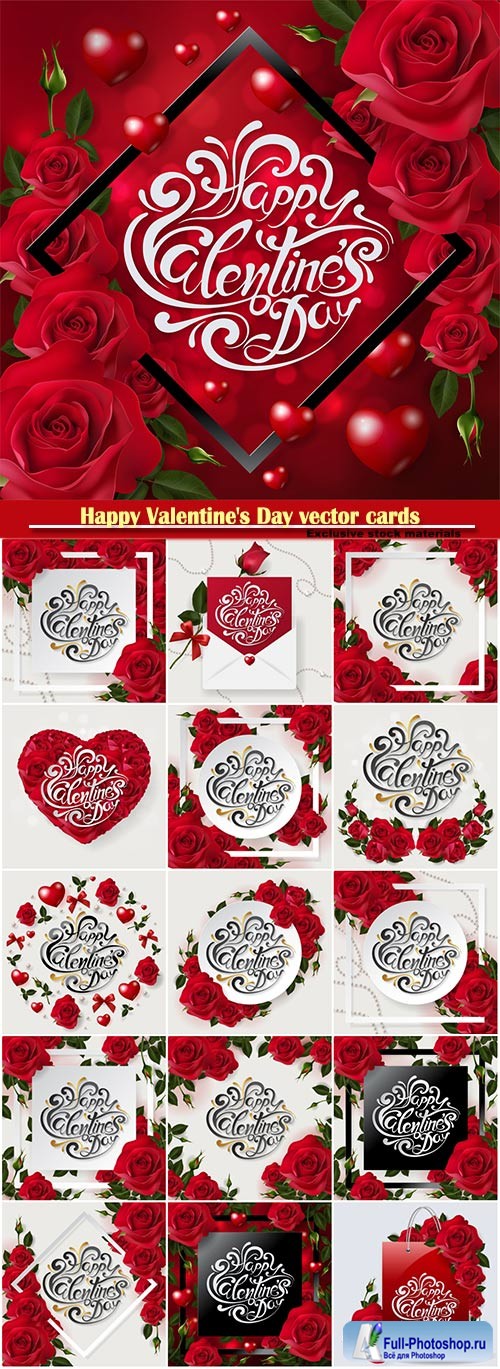 Happy Valentine's Day vector cards, red roses and hearts, romantic backgrounds # 6