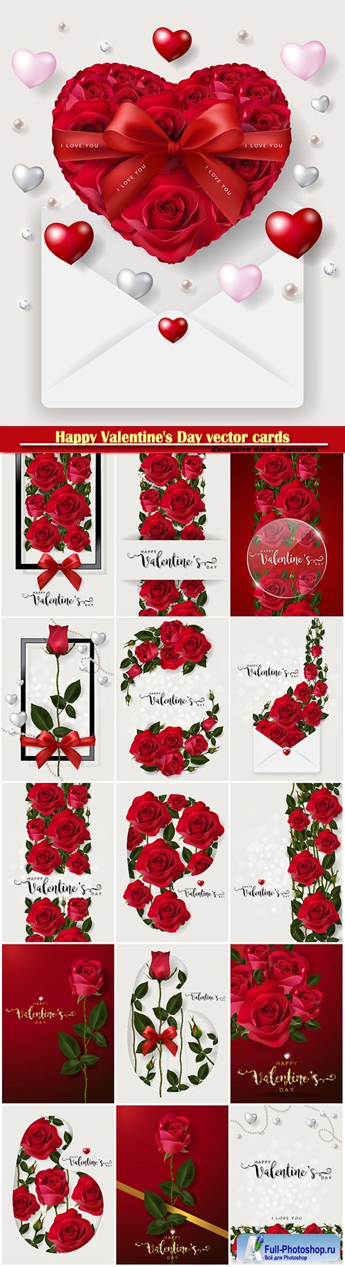 Happy Valentine's Day vector cards, red roses and hearts, romantic backgrounds # 3