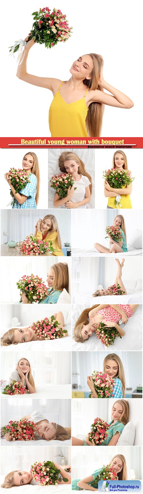 Beautiful young woman with bouquet of roses