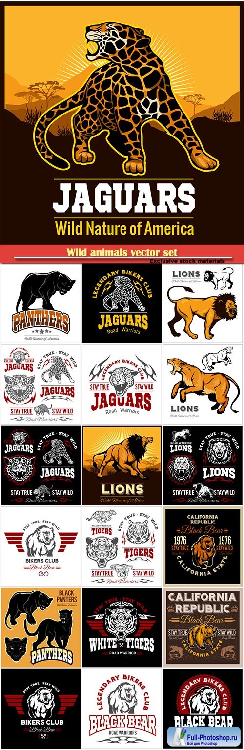 Wild animals vector set, club t-shirt vector logo, lion, tiger, leopard, panther, bear