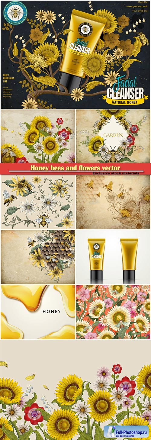 Honey bees and flowers vector background, facial cleanser ads