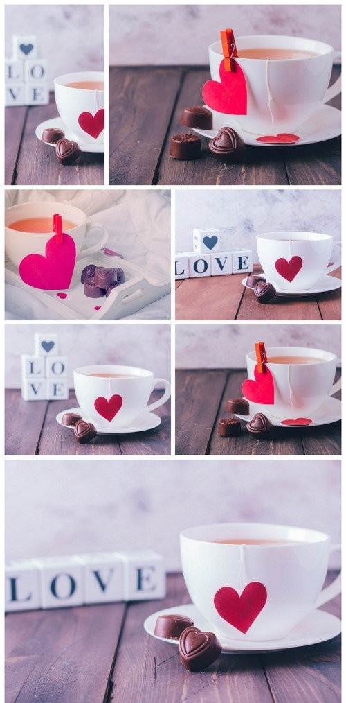 Cup of tea and chocolate candies in shape hearts 7X JPEG