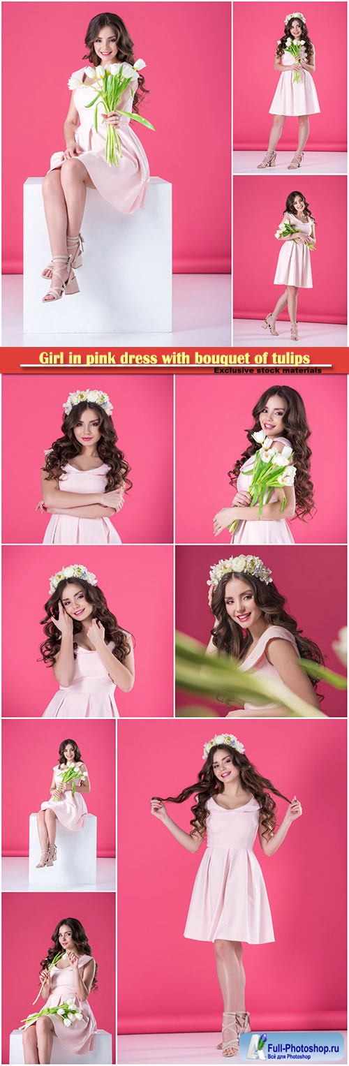 Girl in pink dress with bouquet of tulips