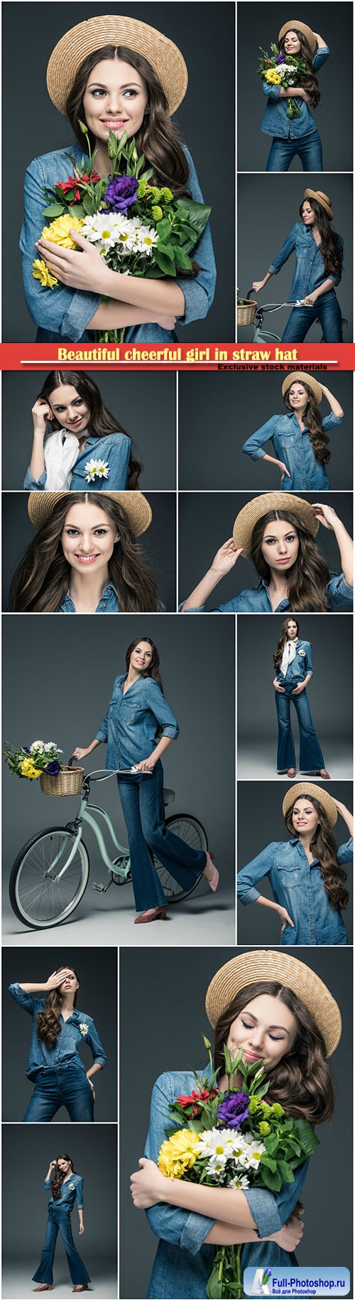 Beautiful cheerful girl in straw hat holding flowers for international women's day