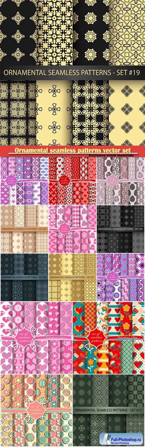 Ornamental seamless patterns vector set with decorative flowers