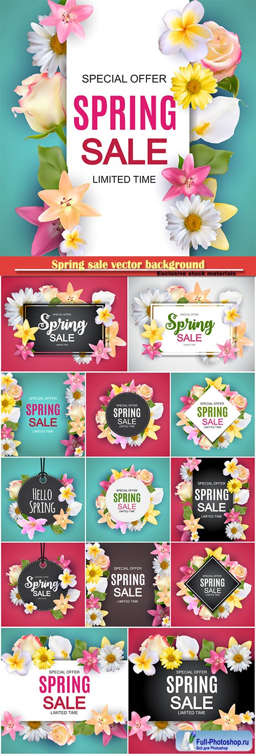 Spring sale vector background with colorful flower elements