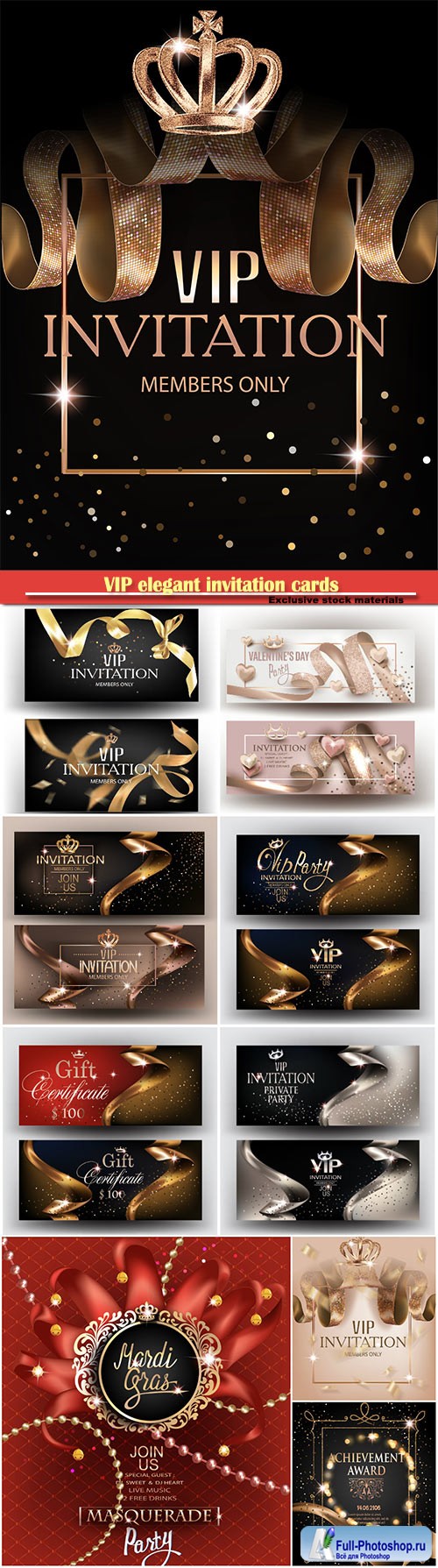 VIP elegant invitation cards with gold ribbons, pattern, crown and  frame and gold dust