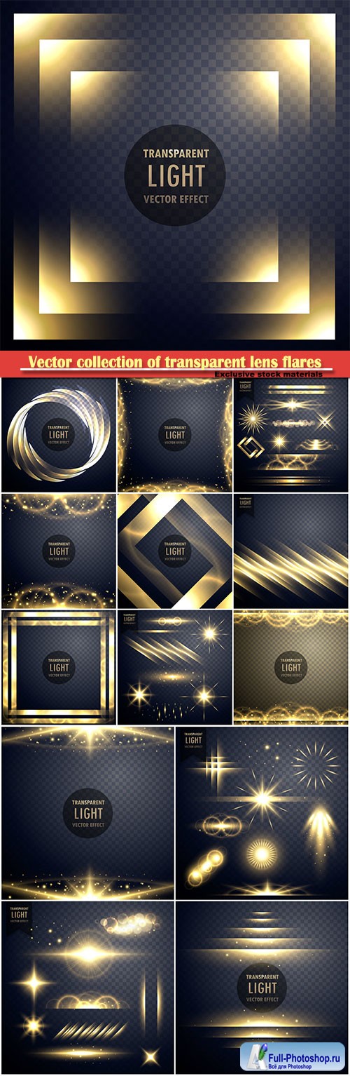 Vector collection of transparent lens flares light effect with twinkle stars