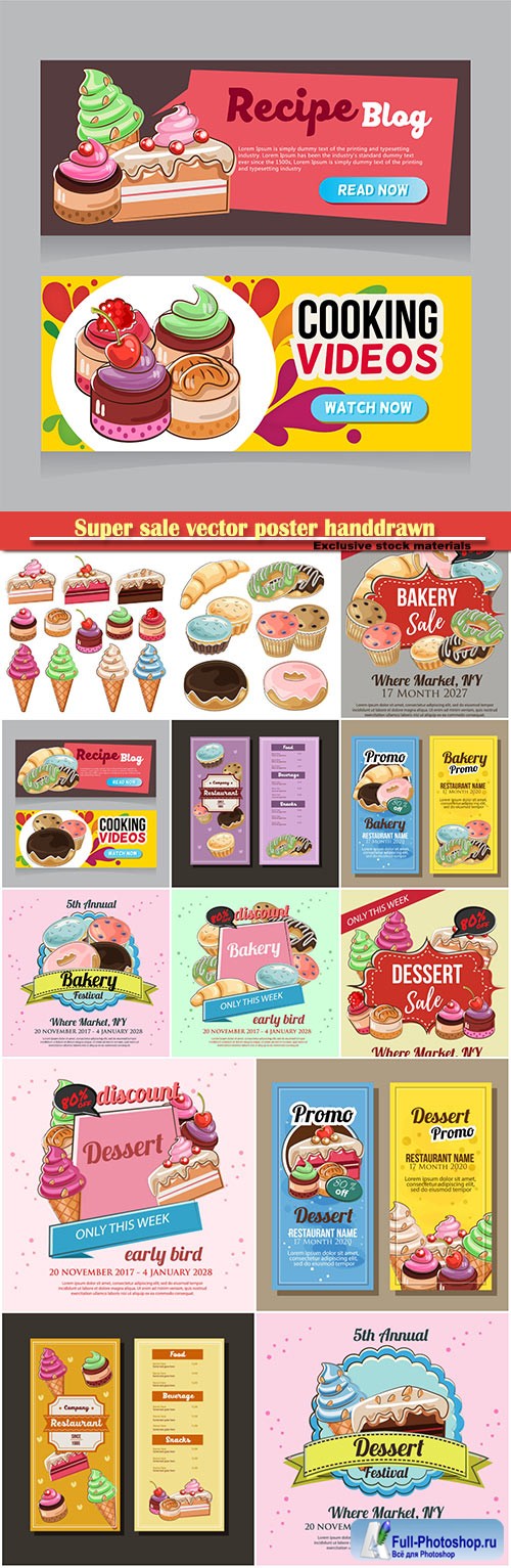 Super sale vector poster handdrawn, dessert theme and bakery