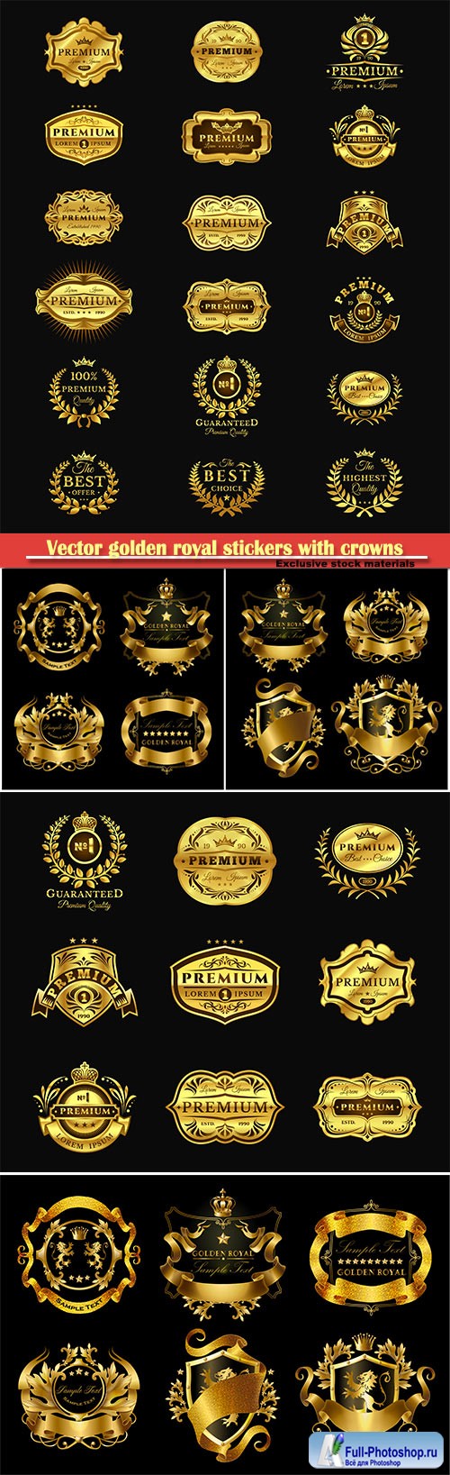 Vector golden royal stickers with crowns, elegant monogram and labels