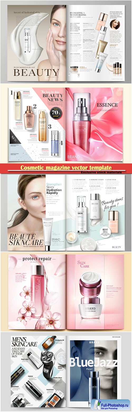 Cosmetic magazine vector template, attractive model with product containers in 3d illustration # 6