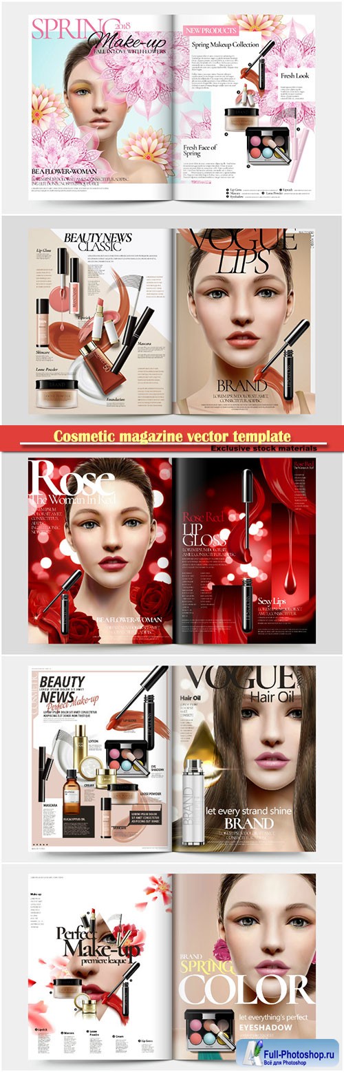 Cosmetic magazine vector template, attractive model with product containers in 3d illustration # 5