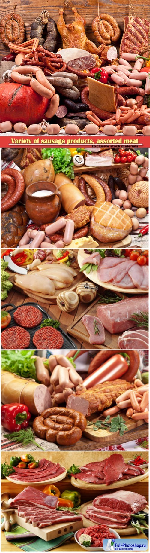 Variety of sausage products, assorted meat