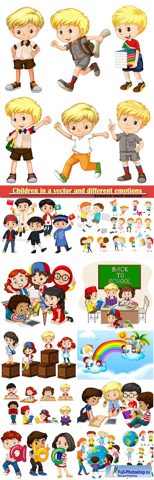 Children in a vector and different emotions