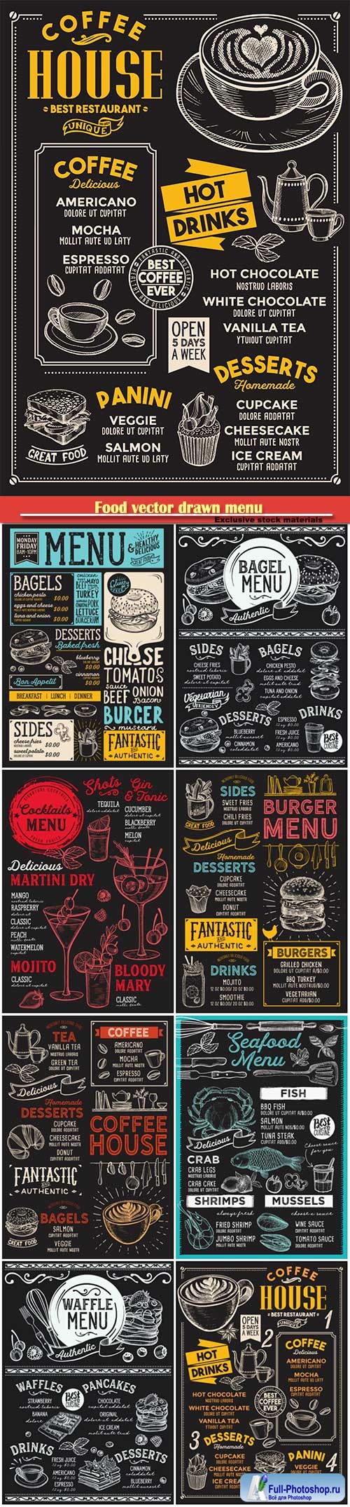 Food vector drawn menu, seafood, fast food, sushi, ice cream, cocktails