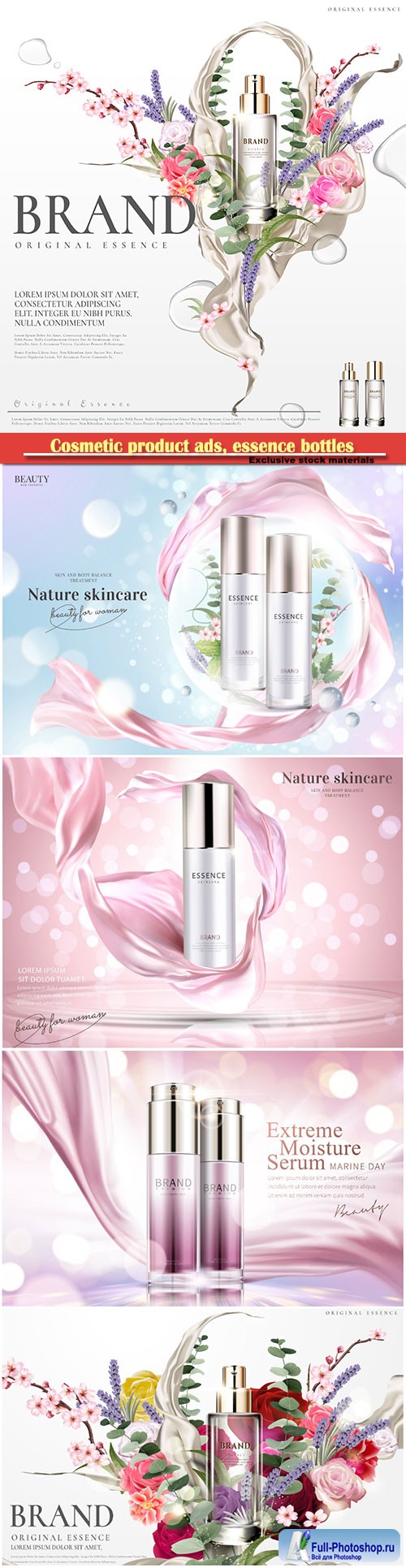 Cosmetic product ads, essence bottles with floral and plants in bubbles in 3d illustration, glitter bokeh background