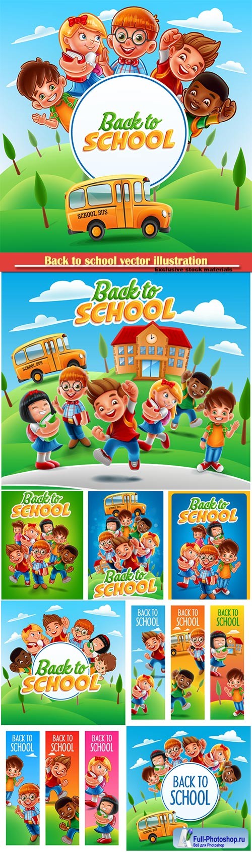 Back to school vector illustration, funny kids with school books