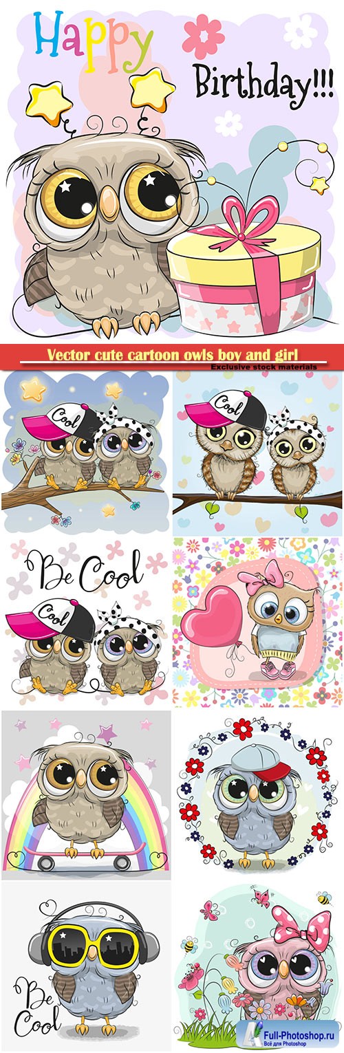 Vector cute cartoon owls boy and girl