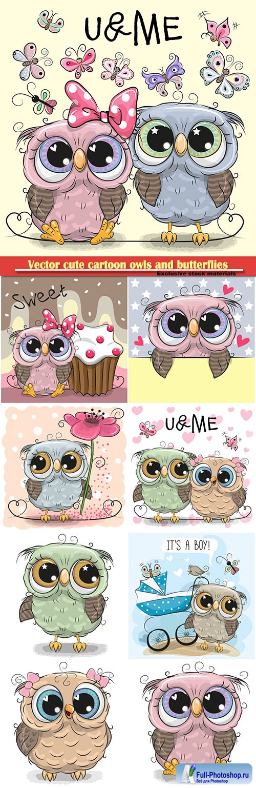 Vector cute cartoon owls and butterflies