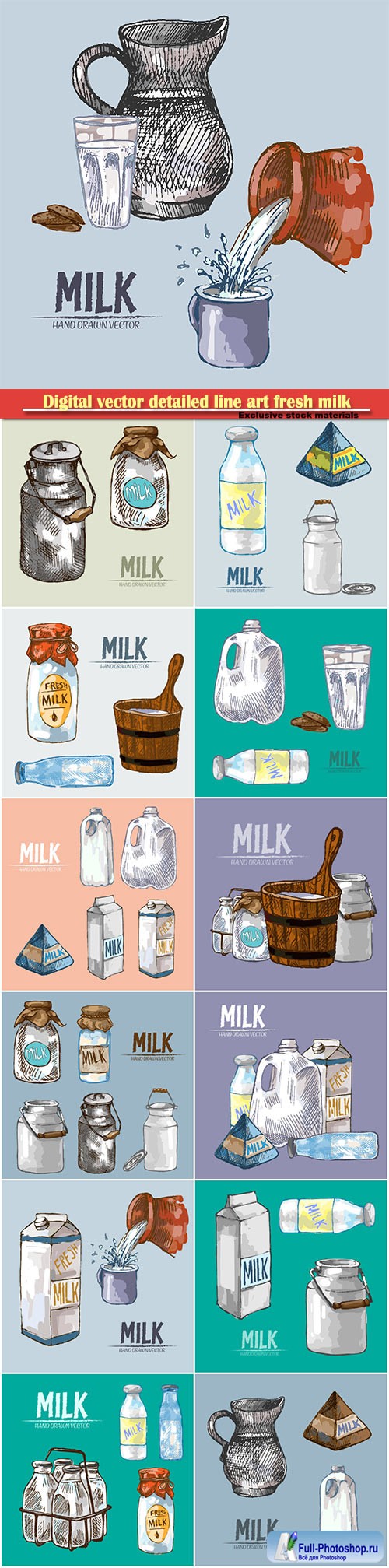 Digital vector detailed line art fresh milk in glass bottles hand drawn retro illustration collection set