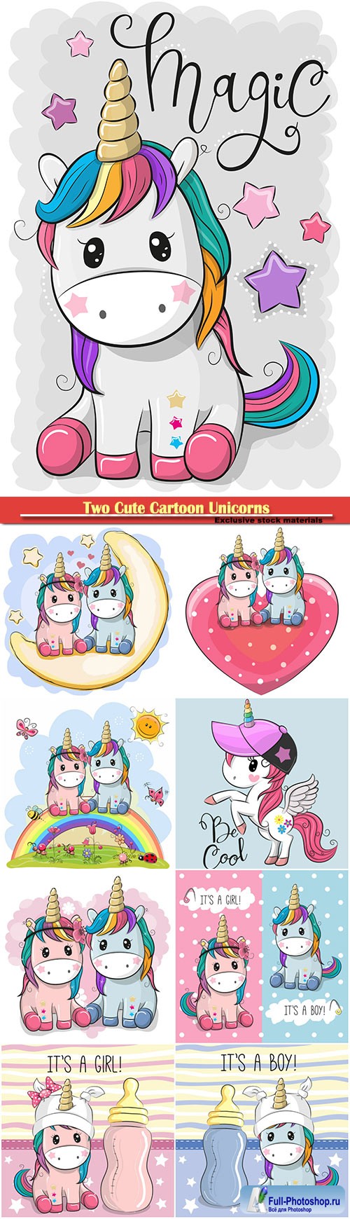 Two Cute Cartoon Unicorns on a heart background