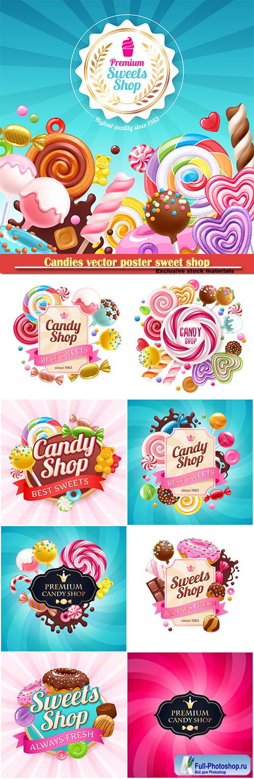 Candies vector poster sweet shop, background with sweets - lollipops, cake pops, spiral candy, chocolate bar and donuts on shine background