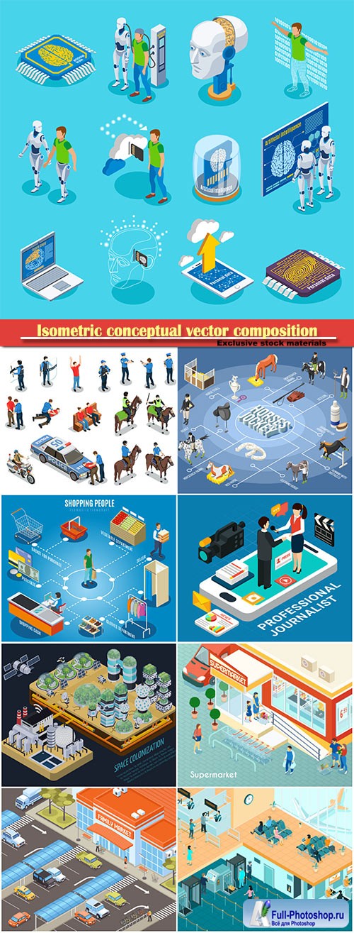 Isometric conceptual vector composition, infographics template, horizontal banners set # 15