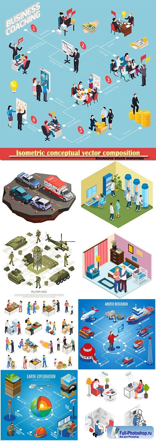 Isometric conceptual vector composition, infographics template, horizontal banners set # 17