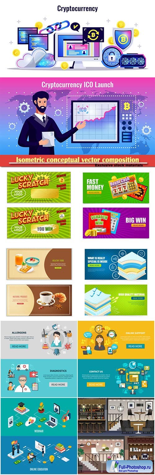 Isometric conceptual vector composition, infographics template, horizontal banners set # 18