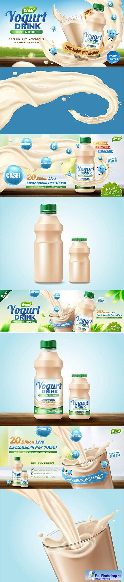 Bottled probiotic or yogurt drink in 3d vector illustration