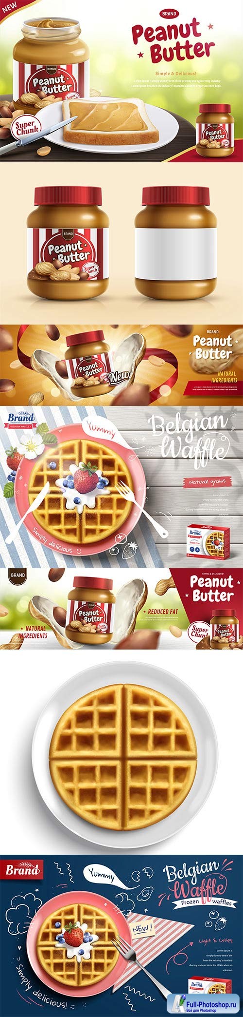 Peanut butter spread ads and waffle ads with fruit in 3d vector illustration