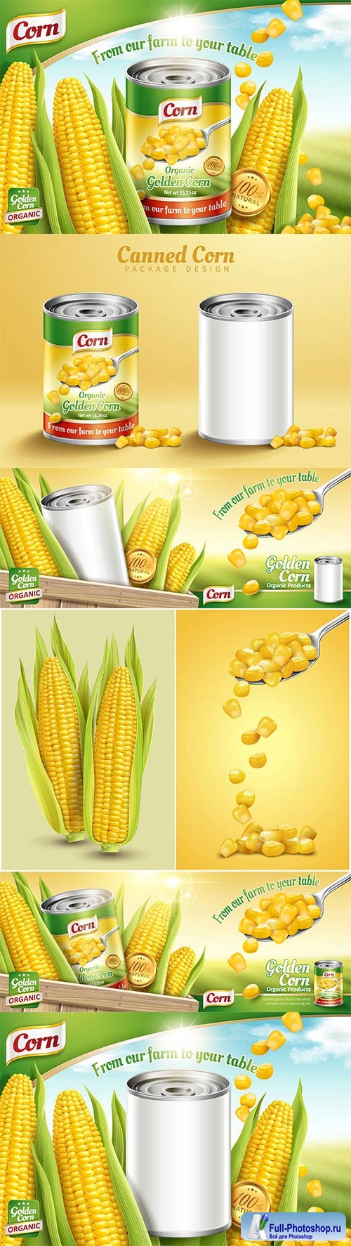 Organic canned corn ads in 3d vector illustration