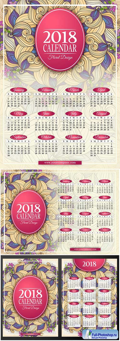 Colored 2018 year calendar rectangular vector template