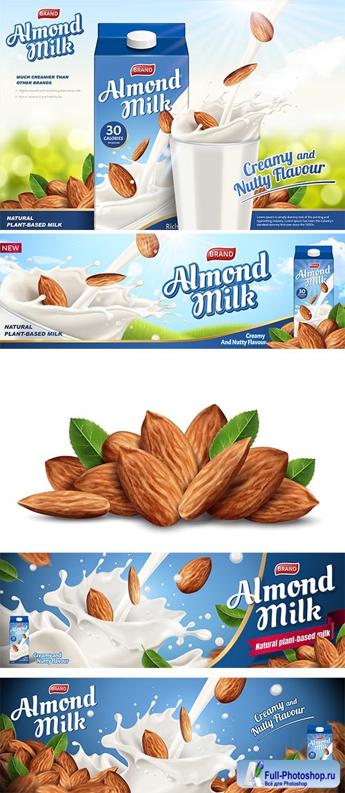 Almond milk ads, paper carton package in 3d illustration