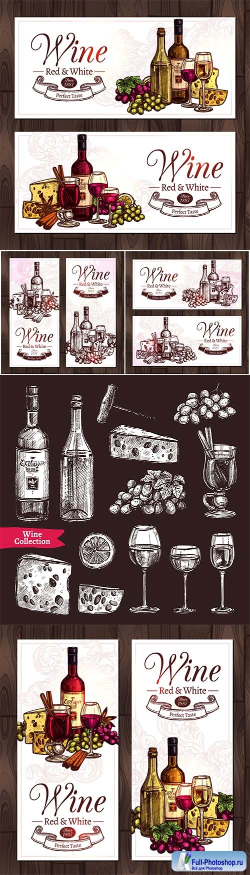 Red and white wine sketch vector set