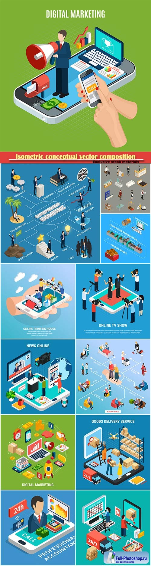 Isometric conceptual vector composition, infographics template # 21