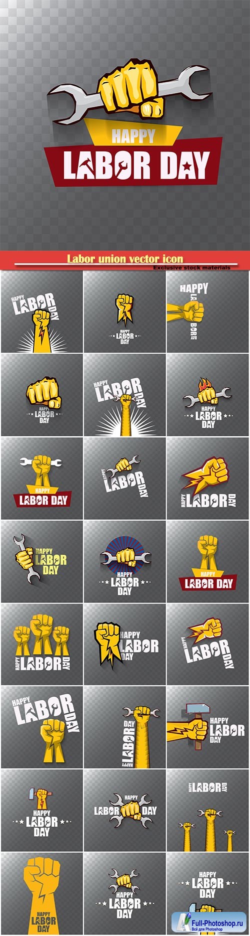 Labor union vector icon, banner with clenched fist isolated on transparent background