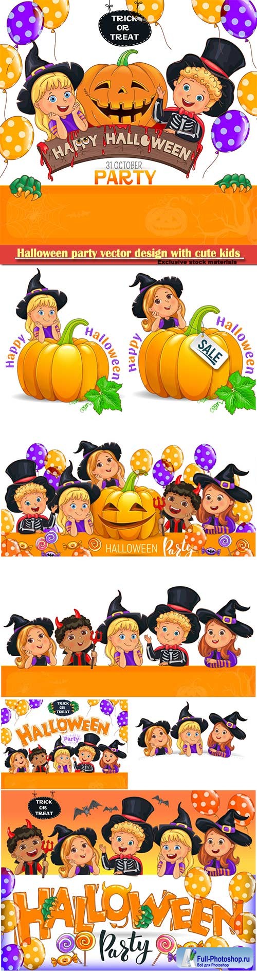 Halloween party vector design with cute kids