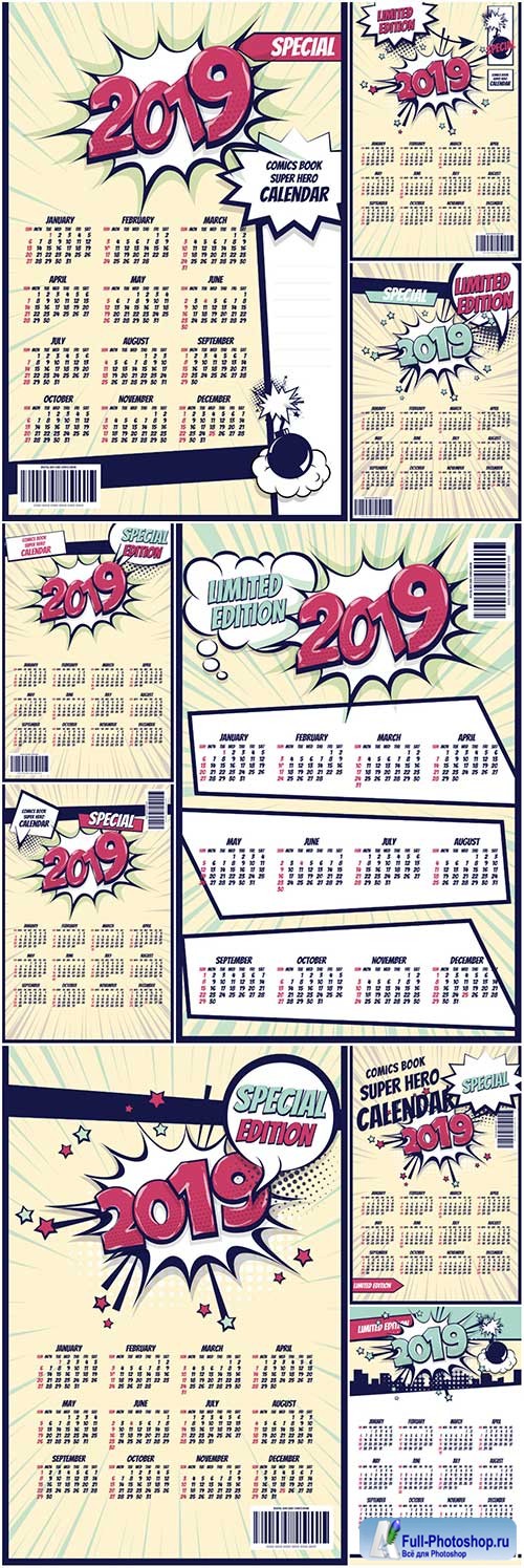 2019 retro comic book vector calendar