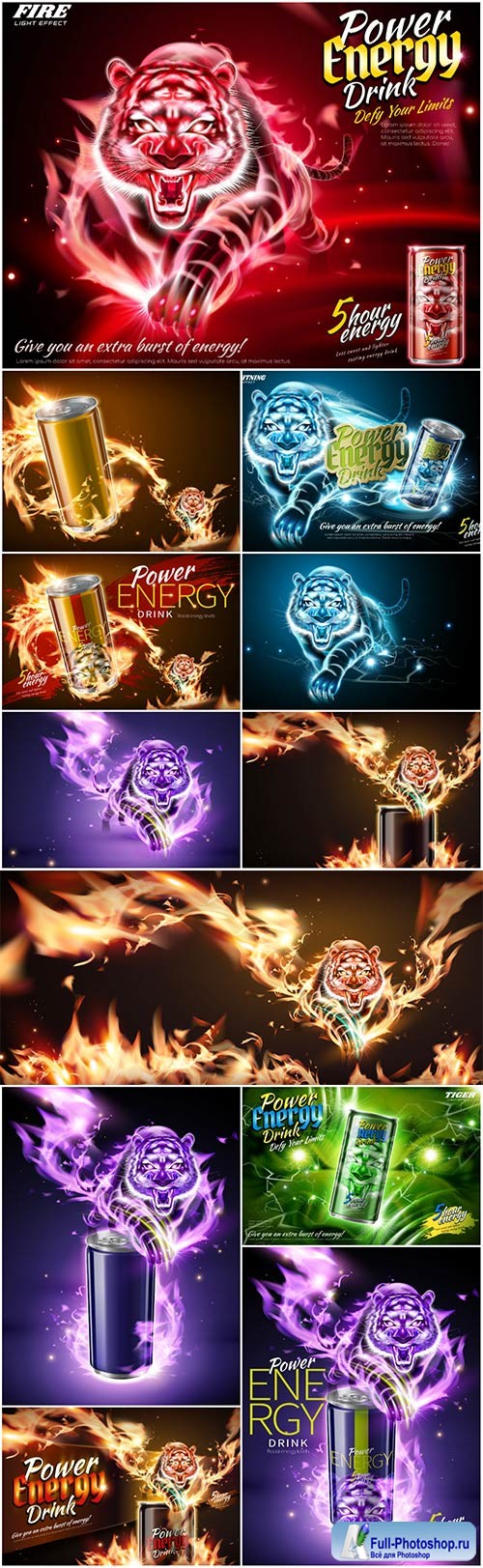 Power energy drink ads with flame tiger effect in 3d illustration