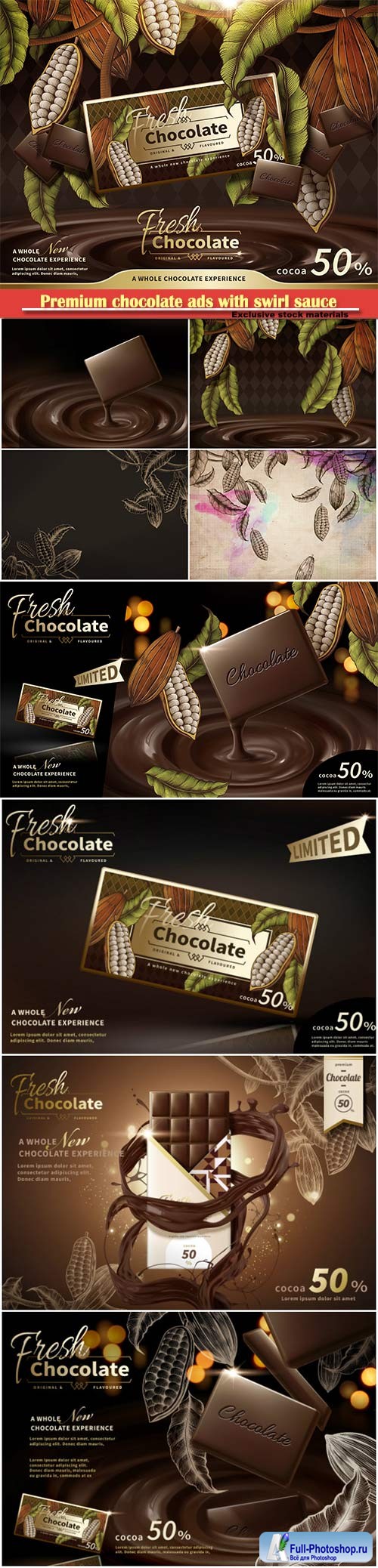 Premium chocolate ads with swirl sauce in 3d illustration, engraved cacao plants elements