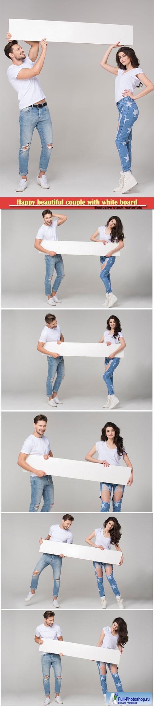 Happy beautiful couple with white board