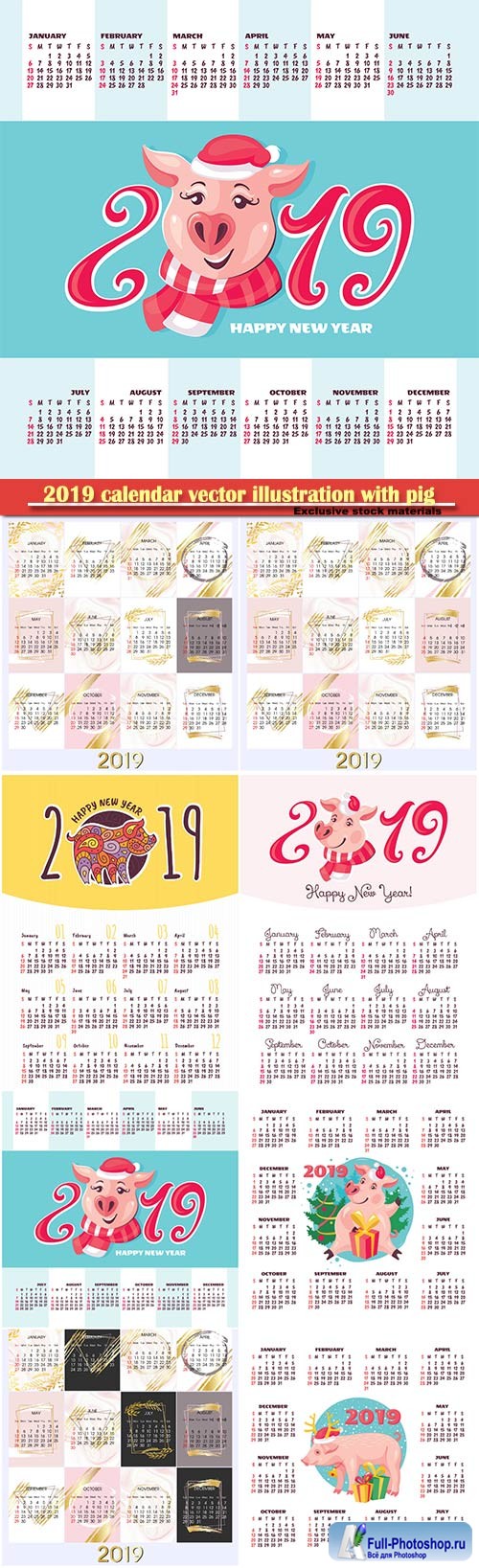 2019 calendar vector illustration with pig