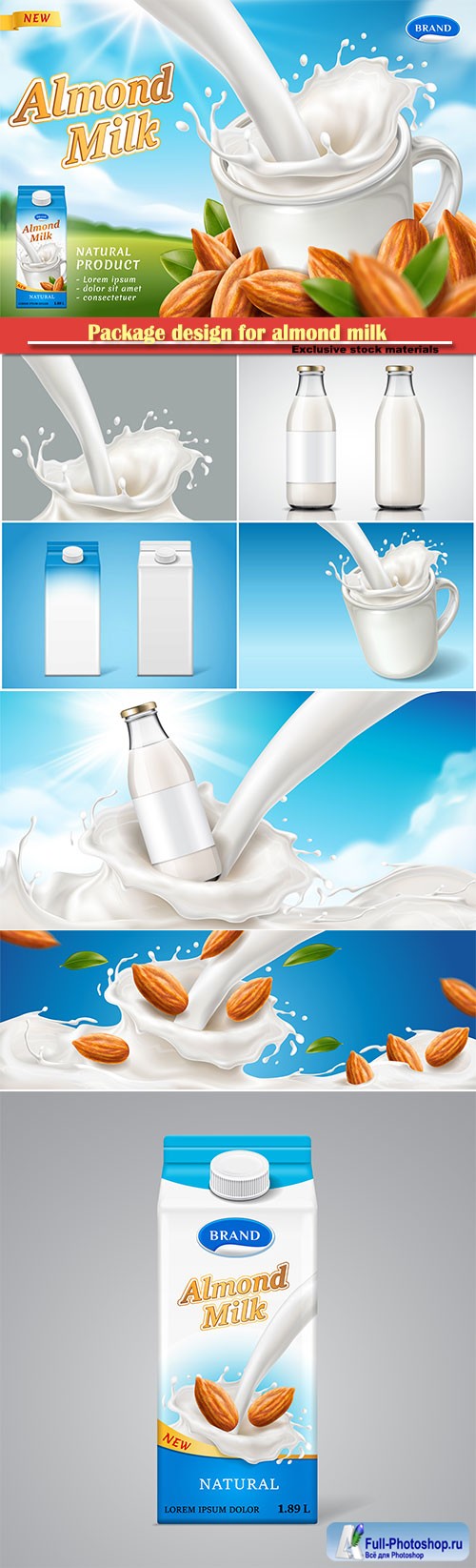 Package design for almond milk or vegan drink, meal advertising theme