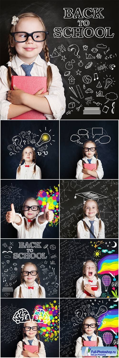 Happy schoolgirl student on blackboard background , back to school concept